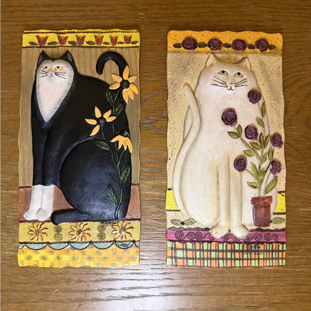 Set of 2 E. Smithson Cat Folk Art  Resin Wall 3D Plaque Home Decor 8X4"